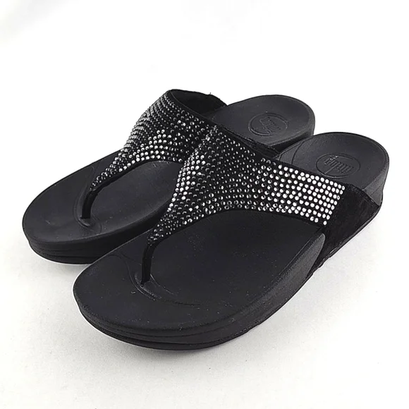Fitflop Women's Lulu Black Popstud Toe-Post Shiny Metal Studs Sandals Size 7 - Picture 5 of 16